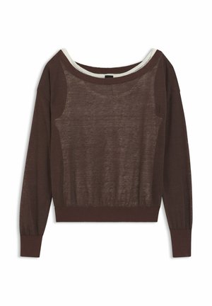 Maglione marrone a maniche lunghe in maglia semi-trasparente con ampio scollo a U e polsini e orlo aderenti, posato disteso su sfondo bianco.