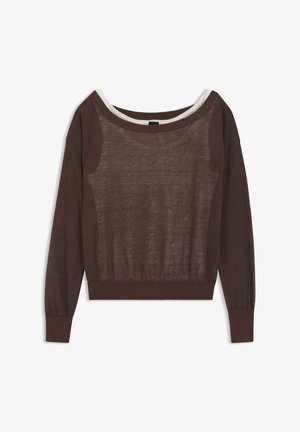 Brązowy półprzezroczysty sweter z dzianiny z długim rękawem, szerokim okrągłym dekoltem oraz dopasowanymi ściągaczami na rękawach i u dołu, rozłożony na płasko na białym tle.