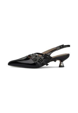 Zapato slingback de piel charol negra con punta afilada, tiras decorativas con hebillas y un pequeño tacón tipo kitten heel plateado.