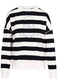Sweatshirt à manches longues noir et blanc à rayures horizontales, avec un motif subtil de crâne et os croisés sur la poitrine.