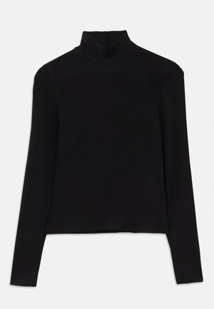 Black turtleneck sweater with long sleeves. Made of smooth, stretchable fabric. Simple design with a fitted silhouette and no patterns.