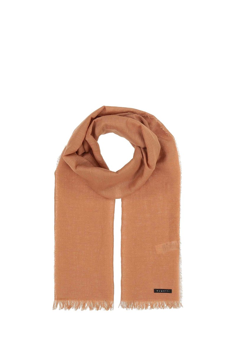 Light brown scarf made of soft fabric, featuring a textured finish and fringed edges, with a small brand tag visible.