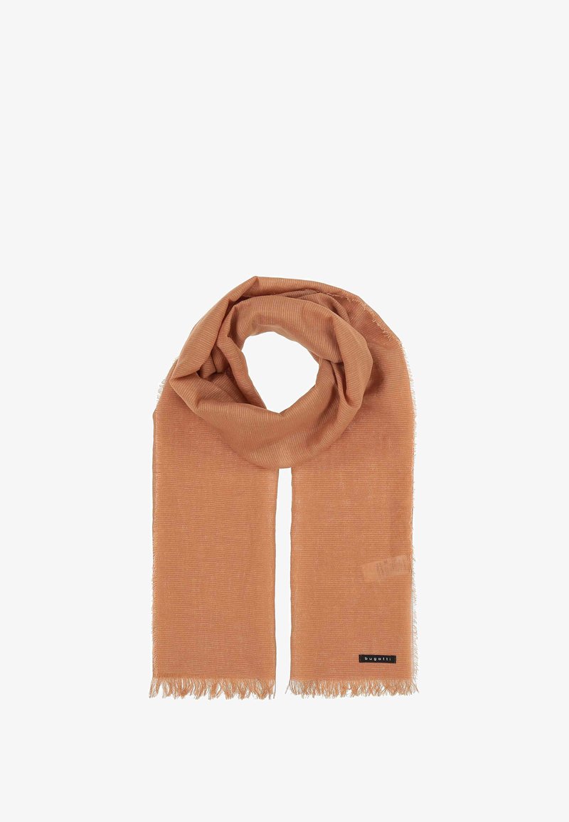 Light brown scarf made of soft fabric, featuring a textured finish and fringed edges, with a small brand tag visible.