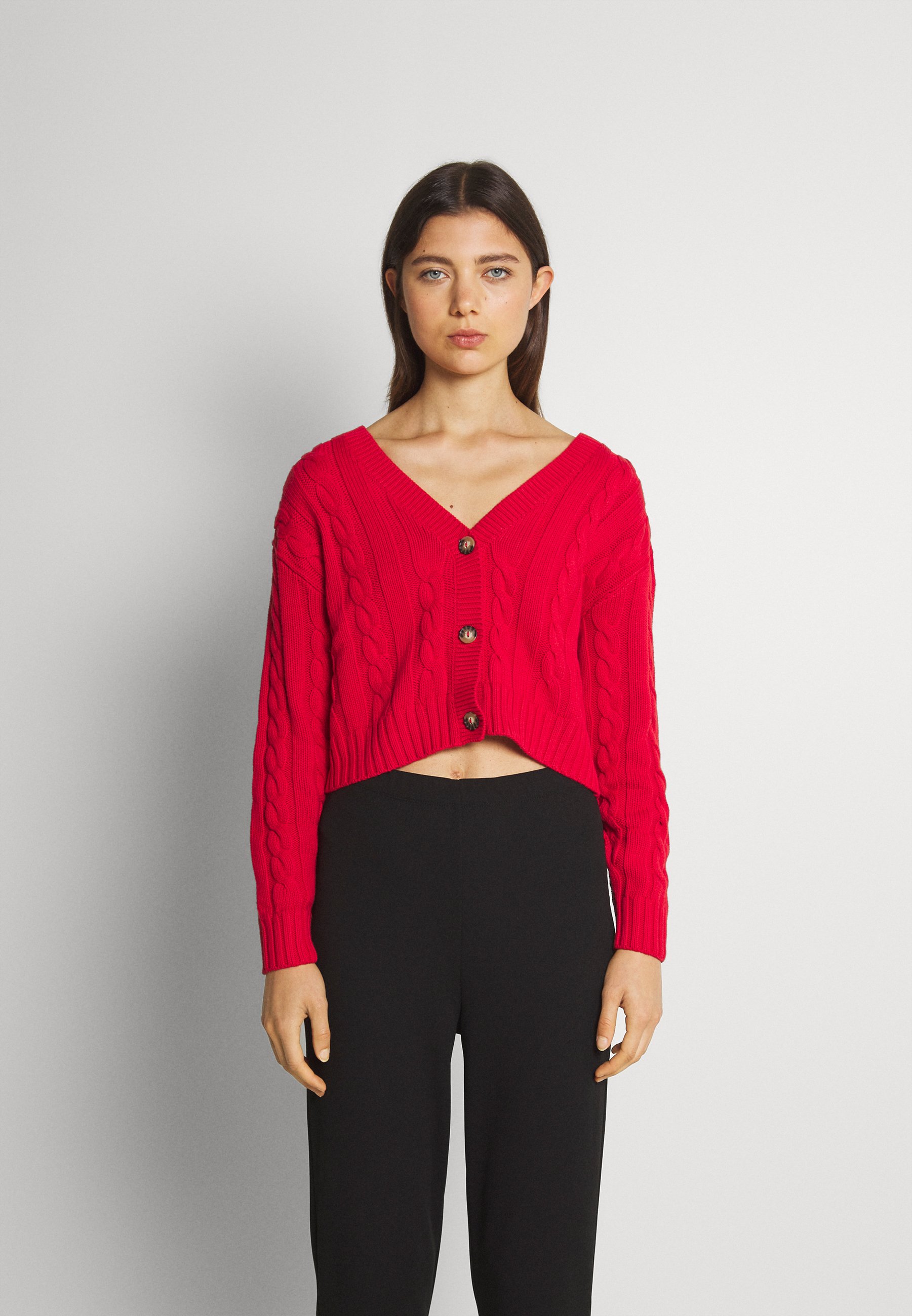 bright red cardigan