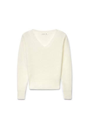 Maglione lavorato a maglia colore crema a maniche lunghe con scollo a V e polsini e orlo a coste, taglia piccola.