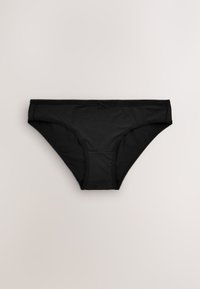 Black cotton bikini briefs with a smooth texture, lace trim along the waistband, and a small bow accent at the front.