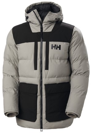 Pufferjack in lichtgrijs en zwart, met een capuchon, twee fr pockets en een ritssluiting. Materiaal is gewatteerd voor isolatie.