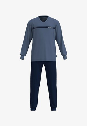 Men’s long-sleeve blue-grey V-neck top with dark blue stripe, matching dark blue pants, and ribbed cuffs on sleeves and ankles.