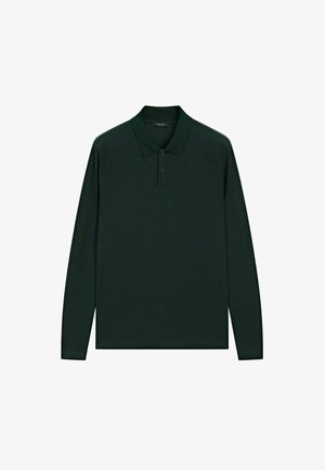 Dark green long-sleeve polo shirt with collar and two-button placket, displayed flat on a white background.