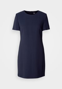Robe bleu marine, manches courtes, longueur genou, col rond et fermeture éclair cachée dans le dos, conçue pour une silhouette ajustée.