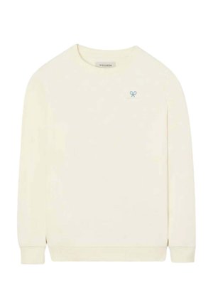 Jersey crema de manga larga con cuello redondo, pequeño logo de tijeras azules en el pecho izquierdo y puños y bajo acanalados.
