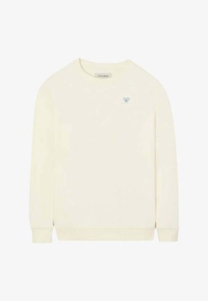 Jersey crema de manga larga con cuello redondo, pequeño logo de tijeras azules en el pecho izquierdo y puños y bajo acanalados.