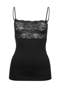 Camisole noire avec des bretelles fines et réglables, dotée d'une superposition en dentelle sur le haut. Texture lisse sur tout le corps ; silhouette ajustée.
