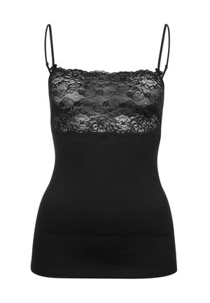 Zwarte tanktop met verstelbare dunne bandjes, met een kantoverlay aan de bovenkant. Gladde textuur over het hele lichaam; aansluitende pasvorm.