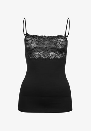 Zwarte tanktop met verstelbare dunne bandjes, met een kantoverlay aan de bovenkant. Gladde textuur over het hele lichaam; aansluitende pasvorm.