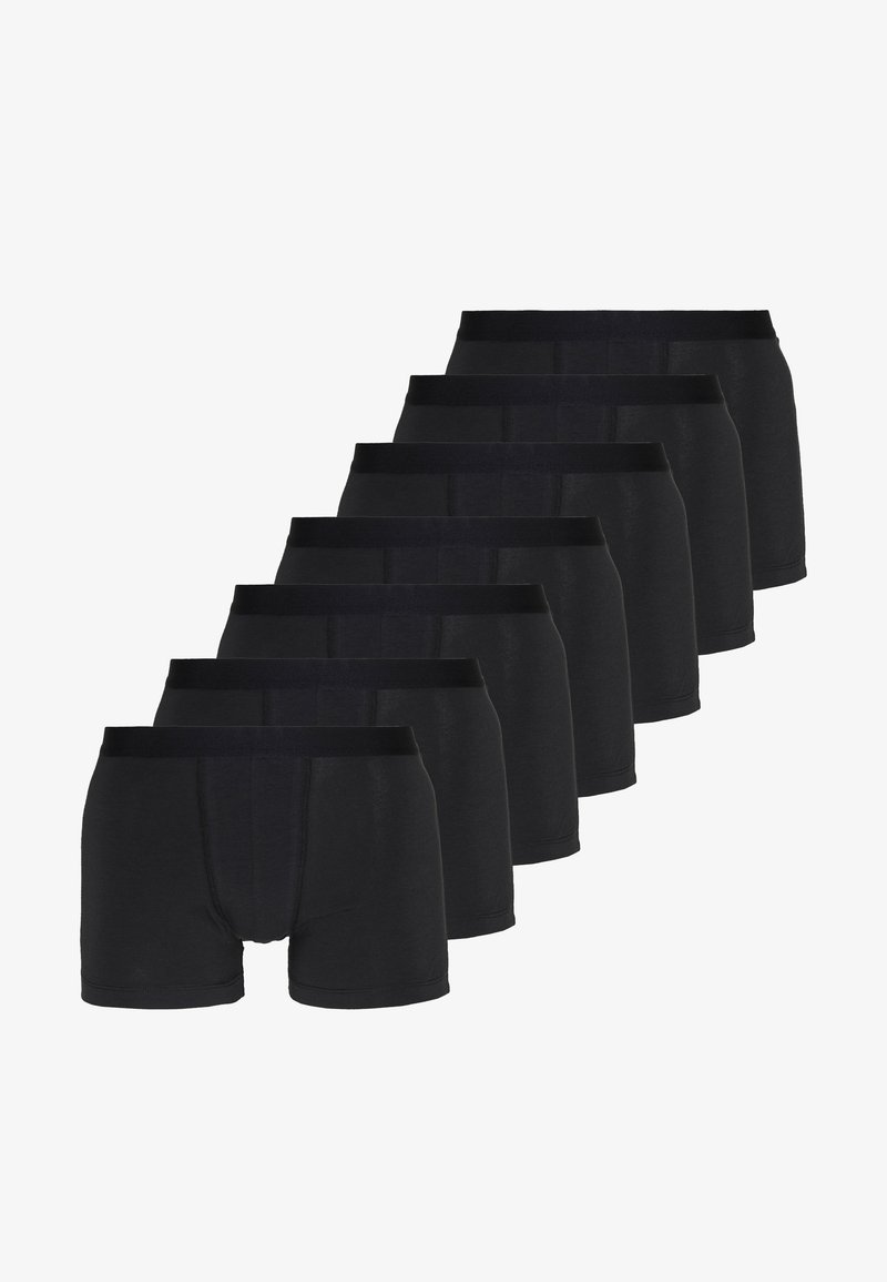 Acht paren zwarte katoenen boxershorts met een strakke pasvorm, elastische tailleband en een gladde textuur zonder zichtbare patronen of accenten.