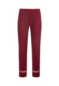 Pantalons bordeaux en tissu doux et lisse, avec une taille élastique et des détails brodés aux poignets. Coupe droite.