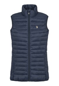 Granatowa pikowana bezrękawnikowa kamizelka puchowa z przednim suwakiem i małym, jasnym haftowanym logo na lewej piersi.