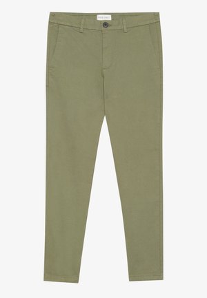 Olive green cotton chinos with a slim fit, featuring two side pockets, a front button closure, and subtle stitching details.
