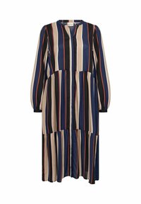 Robe rayée dans des couleurs marine, noire et crème avec des bandes verticales, des manches longues, un plastron à boutons et un design de jupe à volants.