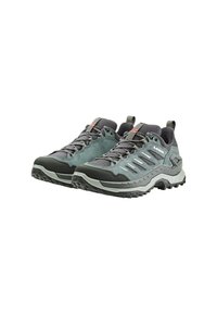 Scarpe da hiking grigie e turchesi con superfici testurizzate, suole robuste e punte rinforzate, progettate per attività all'aperto.