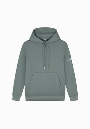 Hoodie in gedempt groen. Voorzien van een voorzak, trekkoordkap en contrasterend logo op de mouw. Gladde textuur, normale pasvorm.