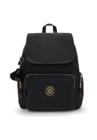 Zaino in nylon nero con finitura testurizzata, pattina arrotondata, tasca frontale e zip dorate. Presenta un charm a forma di scimmia e il logo sul fronte.