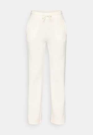 White sweatpants with elastic waistband, drawstring, and side pockets, displayed against a plain background.