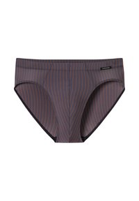 Dunkelgraue Unterhosen mit orangefarbenen vertikalen Streifen, aus glattem Stoff, mit konturiertem Beutel und elastischem Bund mit Markenlabel.