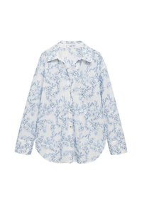 Camicia bianca con stampa floreale blu, maniche lunghe e colletto classico. Tessuto fluido con un orlo leggermente curvato.