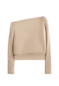 Bežna off-shoulder svetilka iz rebraste pletenine, s dolgimi rokavi in sproščenim krojem ter zloženo obrobo.