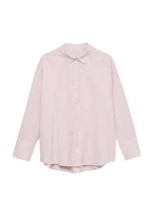 Chemise rose clair à manches longues avec col et poignets, design uni, ourlet légèrement arrondi, présentée à plat sur fond blanc.