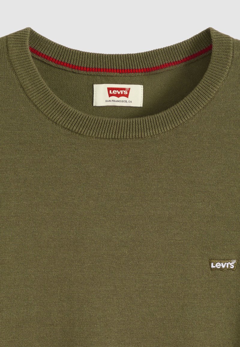Olive green Levi's sweater with ribbed crew neck and red trim inside collar, featuring small white Levi's logo on chest.