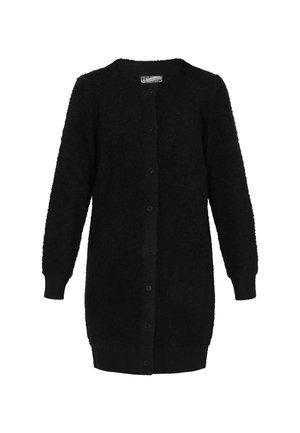 Dlouhý černý chlupatý cardigan s kulatým výstřihem, dlouhými rukávy a předním zapínáním na knoflíky.