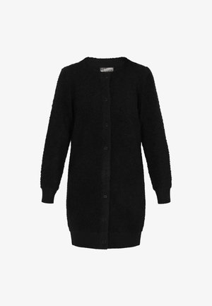 Larga cardigan negra y peluda con cuello redondo, mangas largas y cierre frontal de botones.