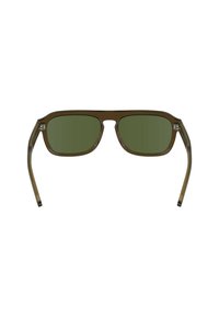 Occhiali da sole rettangolari con lenti verde scuro, montatura in plastica trasparente marrone e aste sottili con una finitura liscia. Nessun accento particolare.