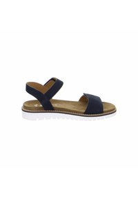 Navy blue sandal with two wide straps, adjustable back straps, a soft footbed, and a white rubber sole featuring textured tread.
