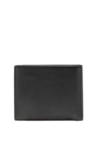 Portafoglio in pelle nera con una texture liscia, forma rettangolare e dettagli di cucitura minimali. Nessun marchio o abbellimento visibile.