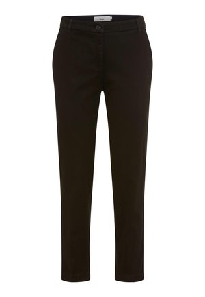 Black trousers made of cotton, featuring a slim fit, a button closure, and a smooth texture, with no visible patterns or accents.