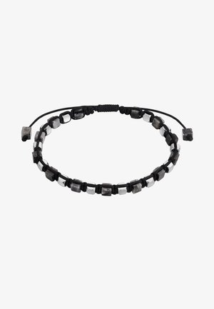 Bracciale con cordino nero regolabile con perle quadrate alternate in nero opaco e argento lucido.