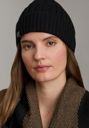 Lauren Ralph Lauren LEATHER TRIM RIB KNIT BEANIE - Beanie - black