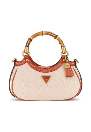 Petit sac à main Guess beige et marron avec poignée en bambou, garniture en cuir et plaque logo dorée sur le devant.