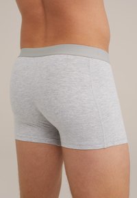 Grå bomullsboxershorts med en subtil textur, med ett mjukt, ljusgrått elastiskt midjeband. Klippt till mitten av låret, minimalistisk design.