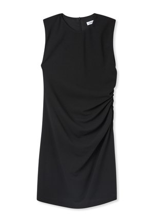 Abito nero senza maniche con scollatura rotonda, caratterizzato da dettagli arricciati sui lati e una chiusura con zip sul retro. Tessuto liscio e elasticizzato.