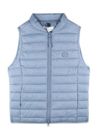 Gilet imbottito blu chiaro con colletto alto, zip frontale e motivo a righe orizzontali. Presenta una toppa con logo sul lato sinistro.