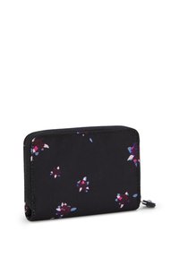 Black fabric wallet featuring floral patterns in dark red, blue, and white. Compact rectangular shape with a zip closure and subtle stitching details.