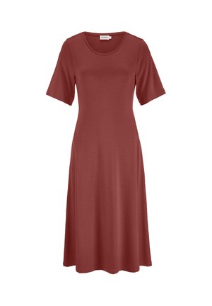 Rostfarbiges Midikleid mit kurzen Ärmeln, Rundhalsausschnitt und A-Linien-Silhouette, aus weichem, glattem Stoff gefertigt.