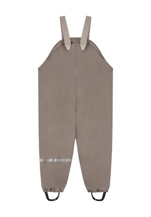 Salopette impermeabile color taupe con spalline regolabili, polsini elastici, ganci per i piedi e una striscia riflettente su una gamba. Nessuna persona visibile.
