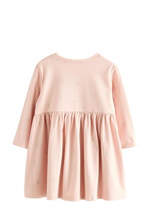 Ilgas rankovėmis medvilninis rožinės spalvos su lengvu atspalviu su gėlėmis siuvinėta suknelė. Platus sijonas, surinkta liemens dalis ir apvalus kaklas. Švelnios tekstūros.