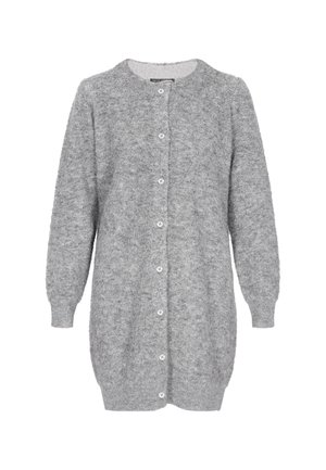 Long cardigan gris à boutonnière avec une texture duveteuse, des poignets et un ourlet côtelés.